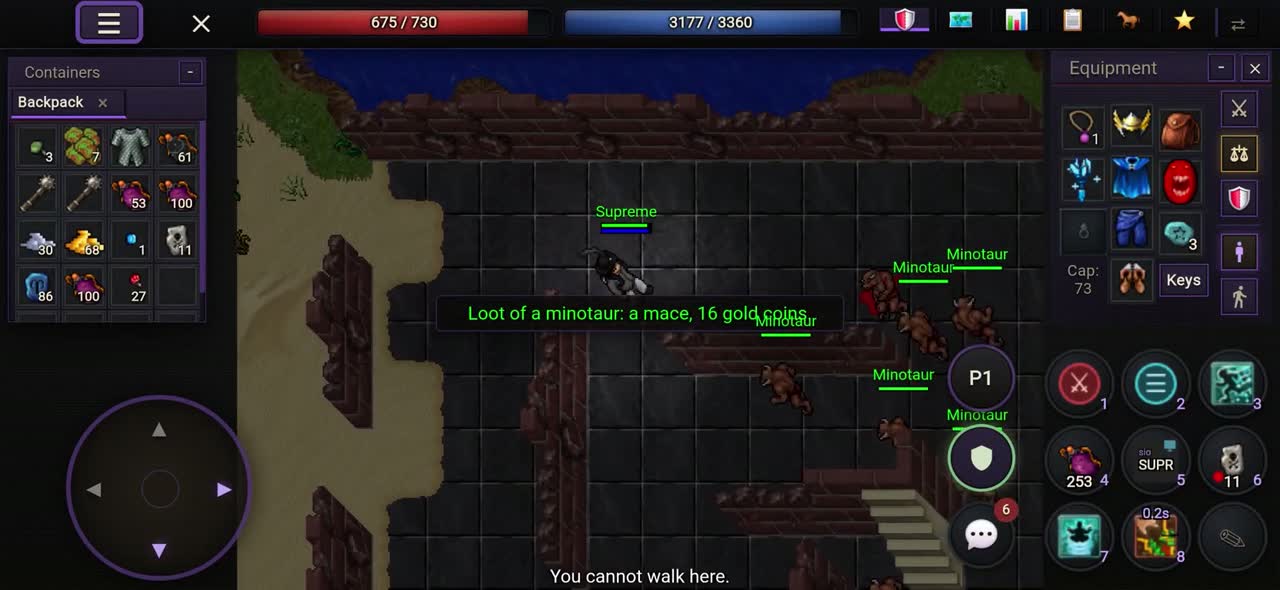 Tibia 8.6 on a phone: a hunt in the minotaur caves on UnrealOT, with the touch joystick and spell hotbar