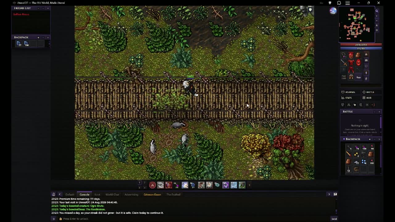 UnrealOT in a desktop browser: the classic Tibia 8.6 interface with minimap, equipment, battle list and console